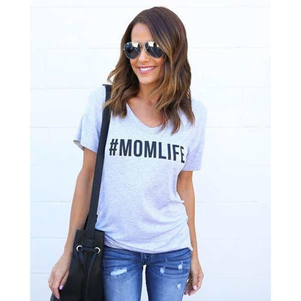 Women Casual MOM LIFE Graphic Round Neck Cotton T-shirt