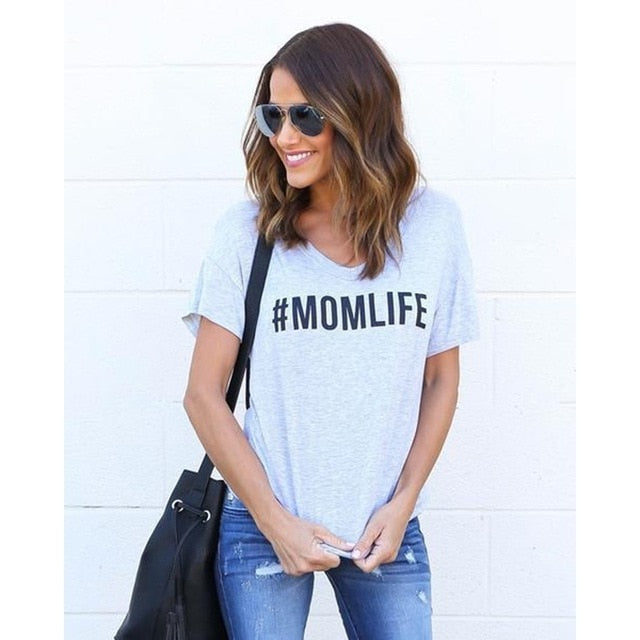 Women Casual MOM LIFE Graphic Round Neck Cotton T-shirt