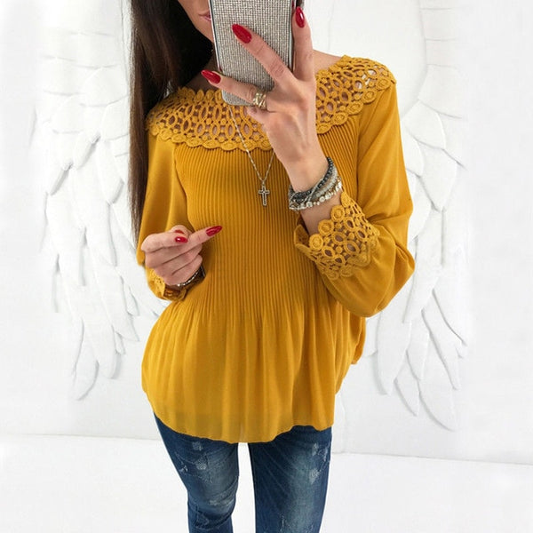 Pleated Chiffon Sexy Long Sleeve Casual Blouse