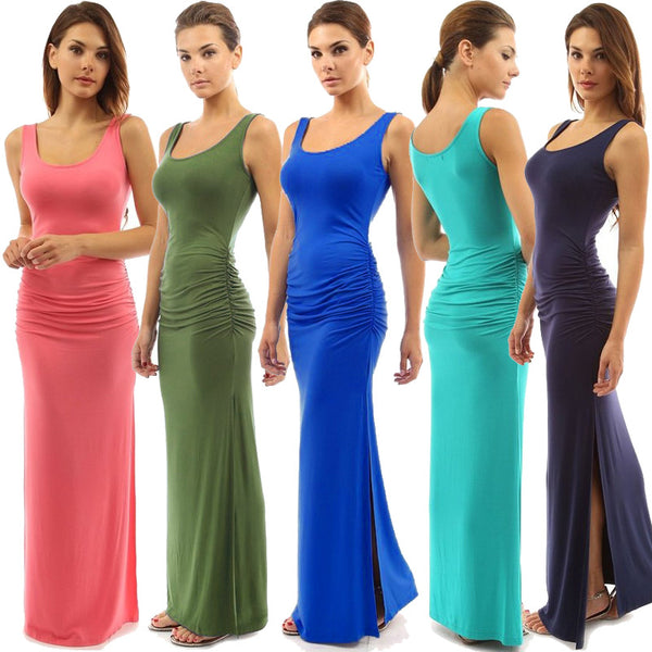 Sexy O Neck Slim Pleated Solid Side Slit Skinny Dress
