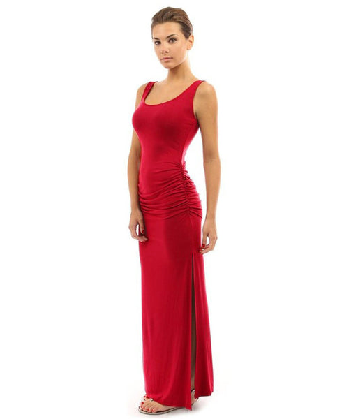 Sexy O Neck Slim Pleated Solid Side Slit Skinny Dress