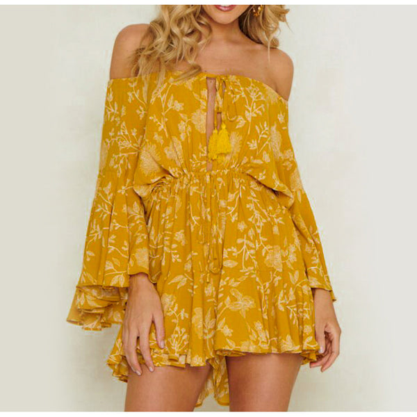 Off Shoulder Sexy Play Flare Sleeve Casual Lace Up Romper Jumpsuits