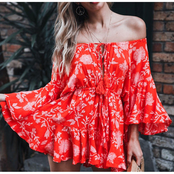 Off Shoulder Sexy Play Flare Sleeve Casual Lace Up Romper Jumpsuits