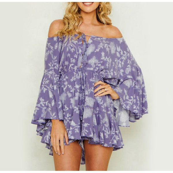 Off Shoulder Sexy Play Flare Sleeve Casual Lace Up Romper Jumpsuits