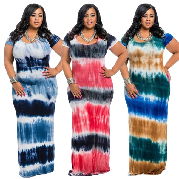 Vintage Women Tie Dye Print Long Plus Size Short Sleeve Round Collar Maxi Bodycon Dresses