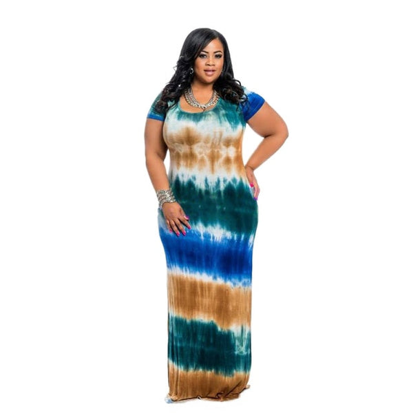 Vintage Women Tie Dye Print Long Plus Size Short Sleeve Round Collar Maxi Bodycon Dresses