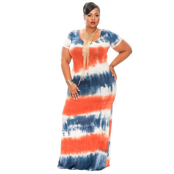 Vintage Women Tie Dye Print Long Plus Size Short Sleeve Round Collar Maxi Bodycon Dresses