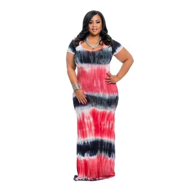 Vintage Women Tie Dye Print Long Plus Size Short Sleeve Round Collar Maxi Bodycon Dresses