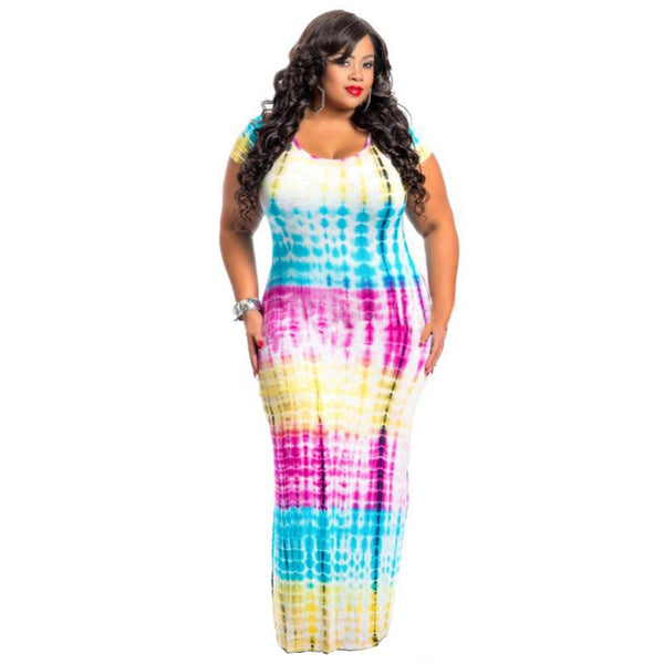 Vintage Women Tie Dye Print Long Plus Size Short Sleeve Round Collar Maxi Bodycon Dresses