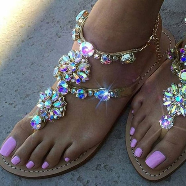 Women Gladiator Jeweled Rhinestones Flat Sandals
