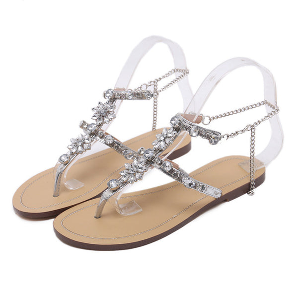 Women Gladiator Jeweled Rhinestones Flat Sandals