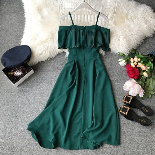 Women Pleated Strapless Party Long Elegant Chiffon Dress