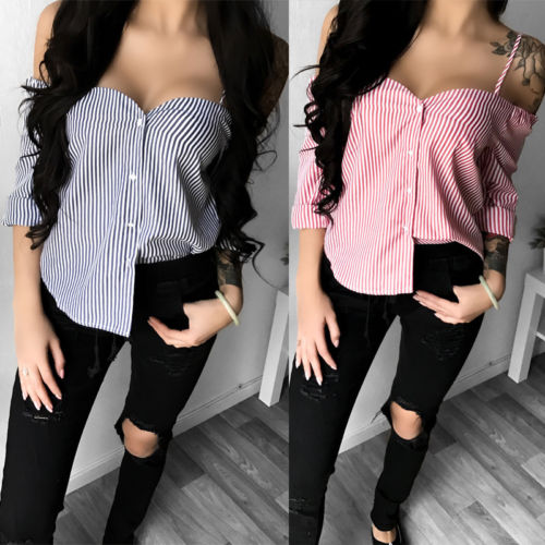 Women Ladies Casual Pin Striped Long Sleeve Off Shoulder Cami Top