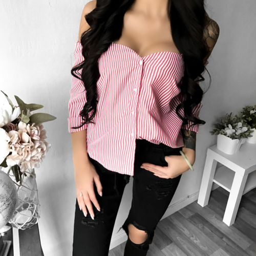 Women Ladies Casual Pin Striped Long Sleeve Off Shoulder Cami Top