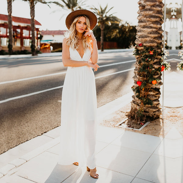 Women's Lace Strapless Patchwork Rayon Long Tie Up Backless Boho V-neck Dress