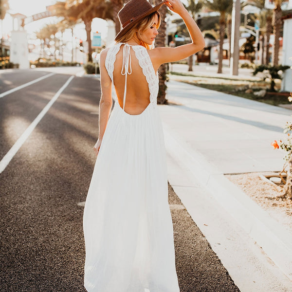 Women's Lace Strapless Patchwork Rayon Long Tie Up Backless Boho V-neck Dress