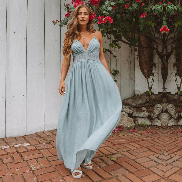 Women's Lace Strapless Patchwork Rayon Long Tie Up Backless Boho V-neck Dress