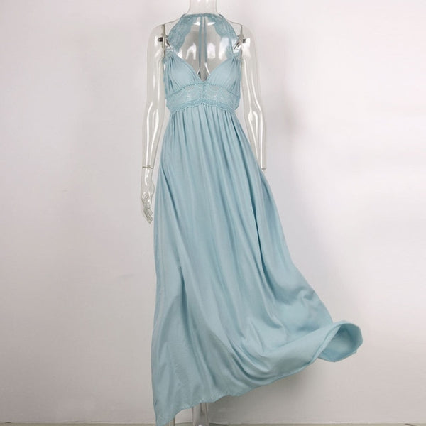 Women's Lace Strapless Patchwork Rayon Long Tie Up Backless Boho V-neck Dress