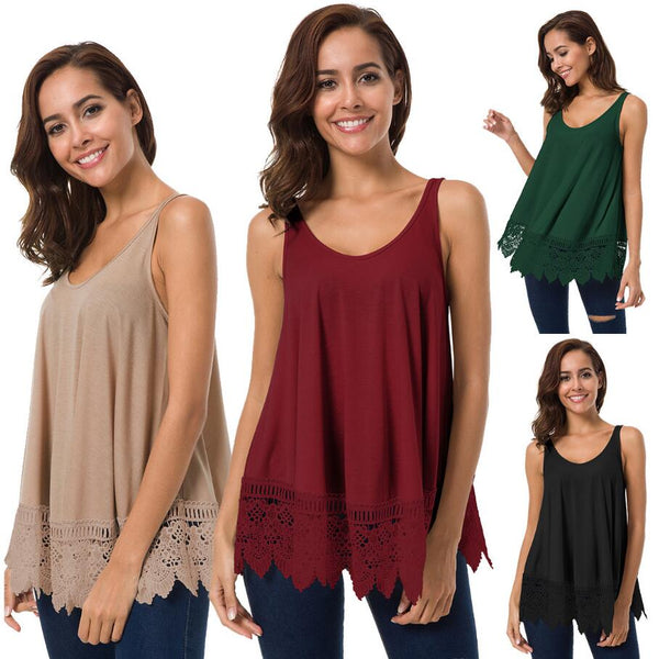 Casual Women O-neck Sleeveless Lace Patchwork Sexy Thin Solid Color Women Shirt Tops