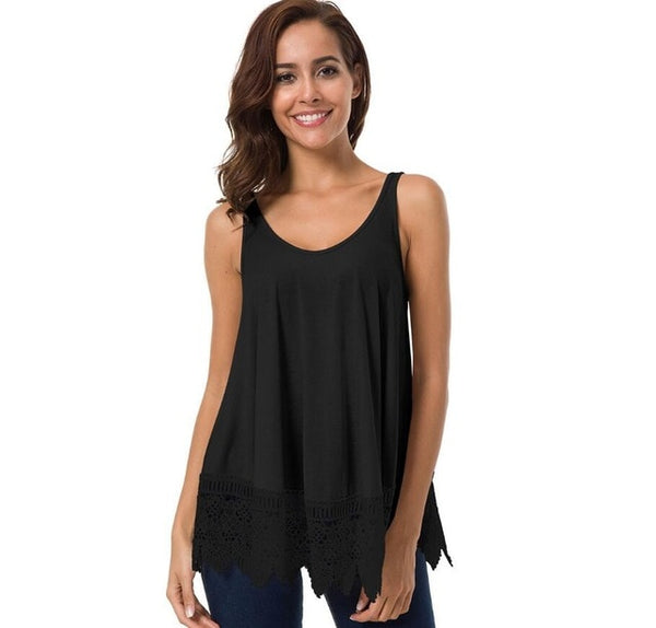 Casual Women O-neck Sleeveless Lace Patchwork Sexy Thin Solid Color Women Shirt Tops