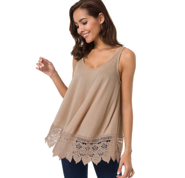 Casual Women O-neck Sleeveless Lace Patchwork Sexy Thin Solid Color Women Shirt Tops