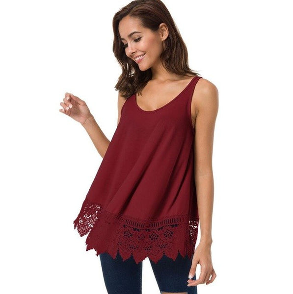 Casual Women O-neck Sleeveless Lace Patchwork Sexy Thin Solid Color Women Shirt Tops