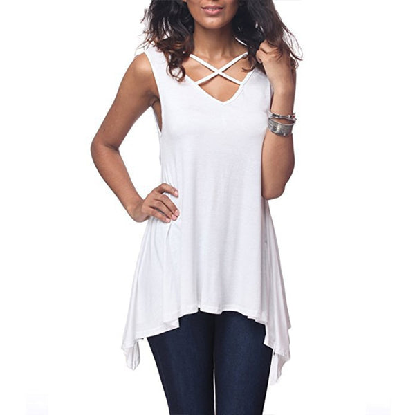 Sexy Criss Cross V Neck Ladies Sleeveless Casual Tops
