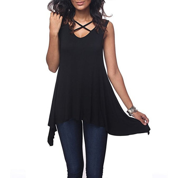 Sexy Criss Cross V Neck Ladies Sleeveless Casual Tops