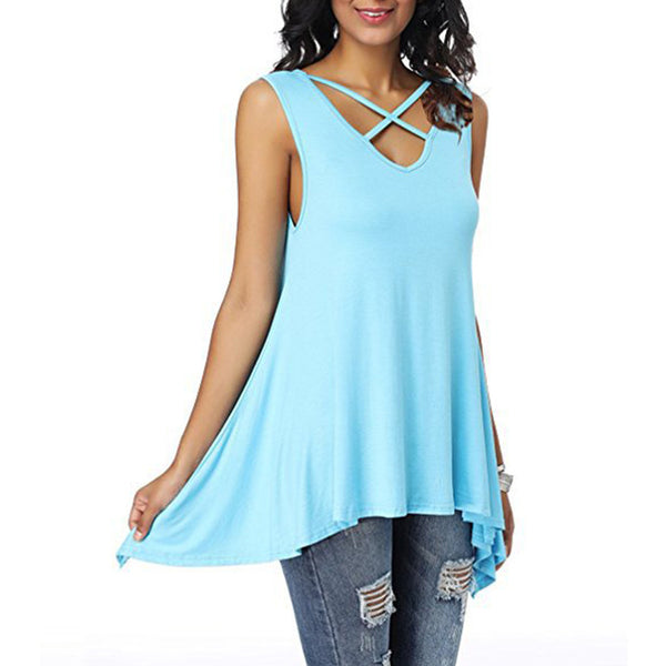 Sexy Criss Cross V Neck Ladies Sleeveless Casual Tops
