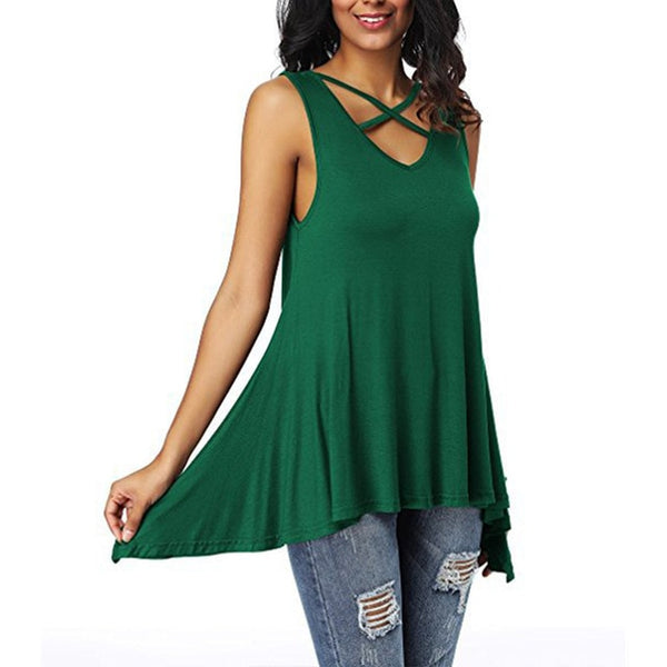 Sexy Criss Cross V Neck Ladies Sleeveless Casual Tops