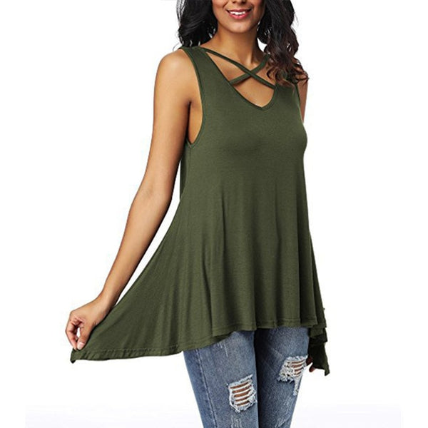 Sexy Criss Cross V Neck Ladies Sleeveless Casual Tops