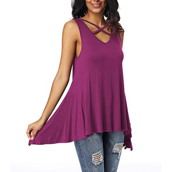 Sexy Criss Cross V Neck Ladies Sleeveless Casual Tops