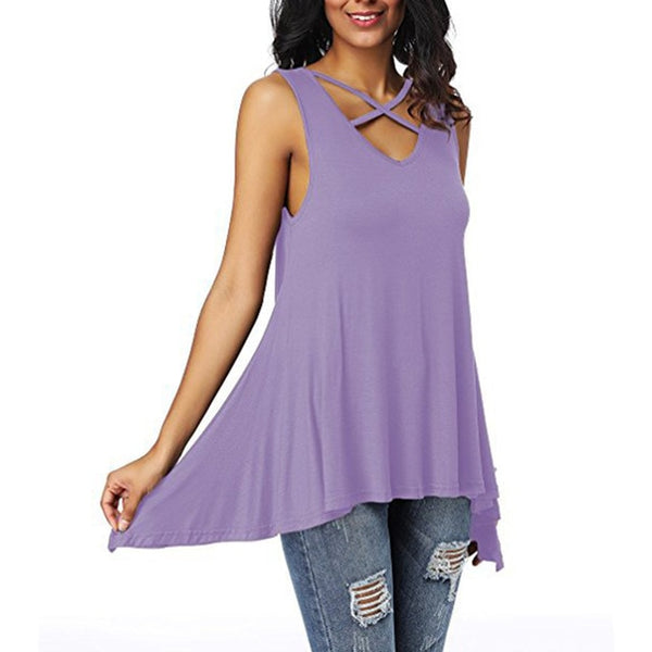 Sexy Criss Cross V Neck Ladies Sleeveless Casual Tops