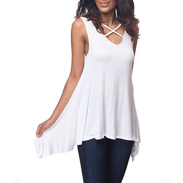 Sexy Criss Cross V Neck Ladies Sleeveless Casual Tops