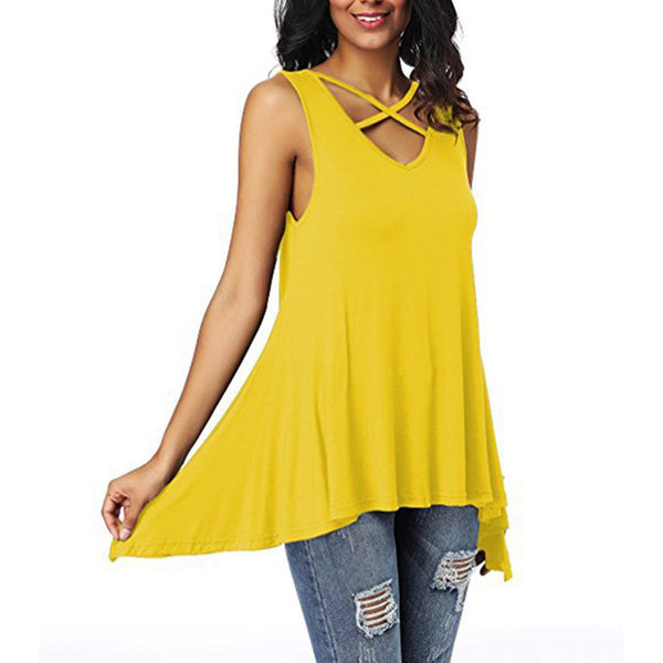 Sexy Criss Cross V Neck Ladies Sleeveless Casual Tops