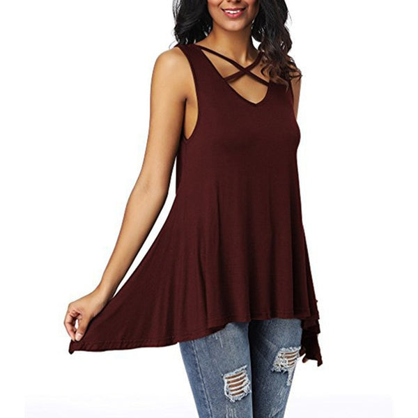 Sexy Criss Cross V Neck Ladies Sleeveless Casual Tops