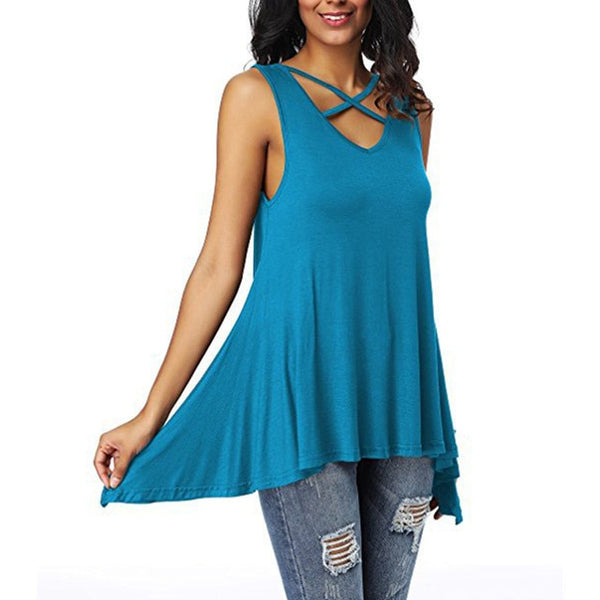 Sexy Criss Cross V Neck Ladies Sleeveless Casual Tops