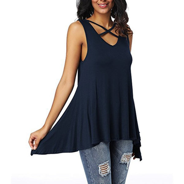 Sexy Criss Cross V Neck Ladies Sleeveless Casual Tops