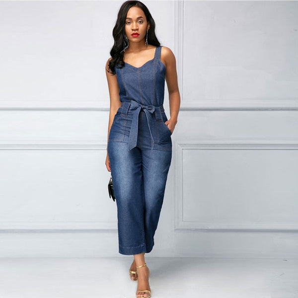 Women Jean Denim Romper Casual Long Wide Leg Jumpsuits