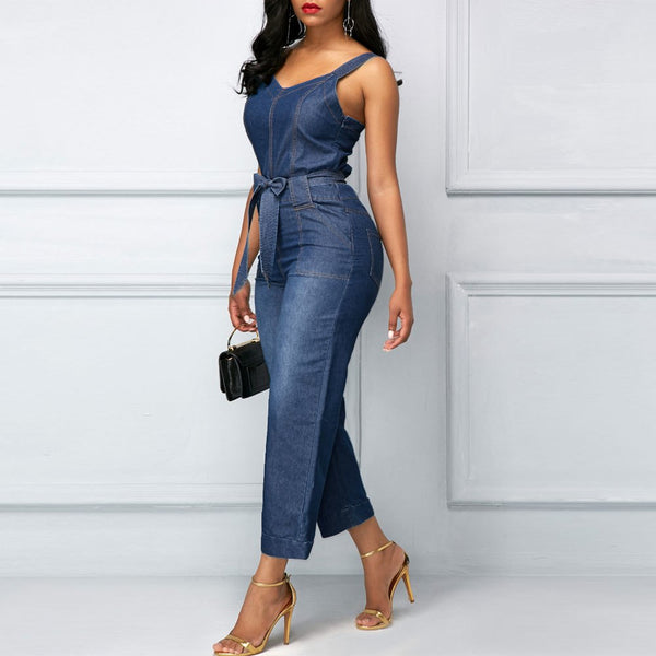 Women Jean Denim Romper Casual Long Wide Leg Jumpsuits