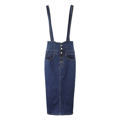 Women's Long Denim  Button Jean High Waist Pencil Skirt With Straps