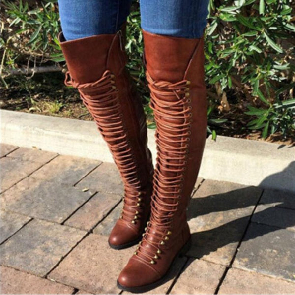 Women's Over Knee High Boot Lace Up Slim Thigh High Heel Shoes Women Long Thigh Boots
