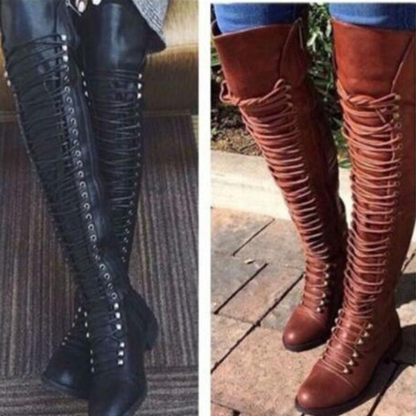 Women's Over Knee High Boot Lace Up Slim Thigh High Heel Shoes Women Long Thigh Boots