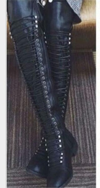 Women's Over Knee High Boot Lace Up Slim Thigh High Heel Shoes Women Long Thigh Boots