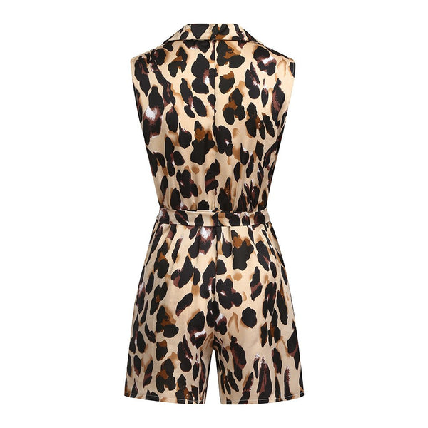 Women Fashion Leopard Chiffon Sleeveless V-neck Casual Jumpsuit Romper