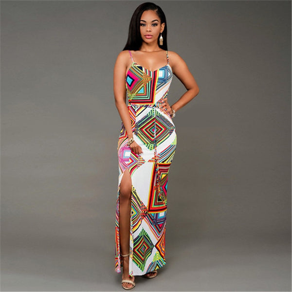 Women Long Print Bodycon Sexy Sleeveless Casual Dress