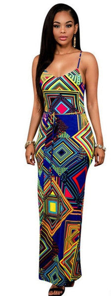 Women Long Print Bodycon Sexy Sleeveless Casual Dress
