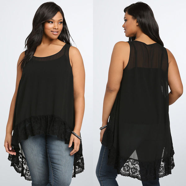 Women Plus Size Solid Chiffon Lace Sleeveless Loose Blouse