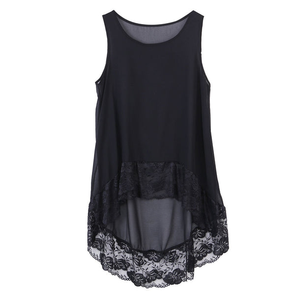 Women Plus Size Solid Chiffon Lace Sleeveless Loose Blouse