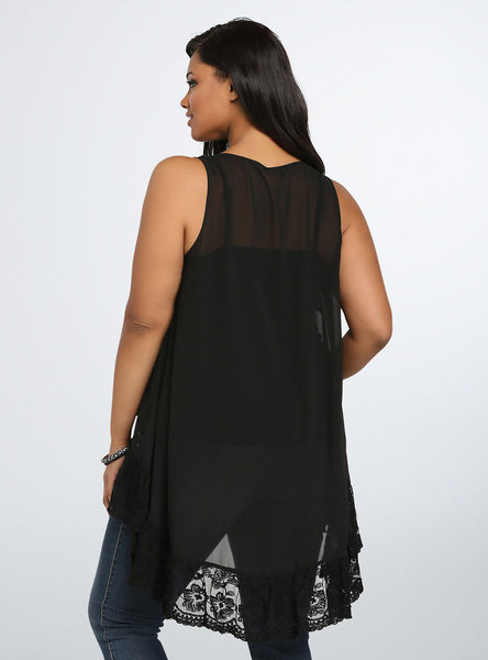 Women Plus Size Solid Chiffon Lace Sleeveless Loose Blouse